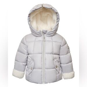 MICHAEL KORS Baby Girls Berber Cuff Split Zip Hood Puffer Jacket Gray Silver 12m